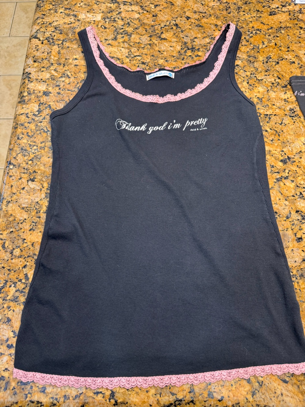 Black Tank Pajama Top with Pink Lace Trim